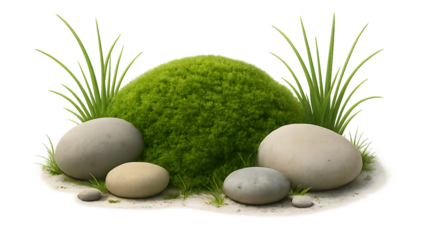 An arrangement of multiple smooth natural stones surrounding a lush green moss mound with sprouting grass creating a peaceful zen arrangement isolated on transparent background