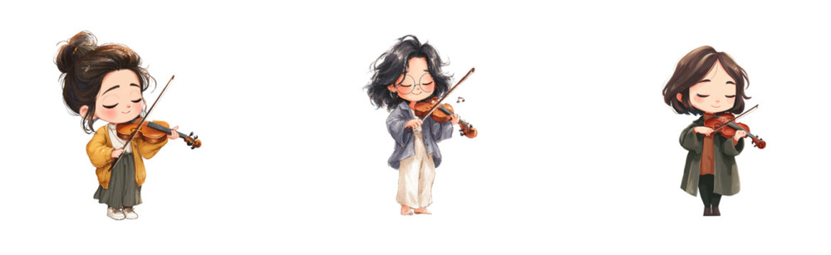 Chibi musician playing violin with closed eyes and gentle smile, transparant background