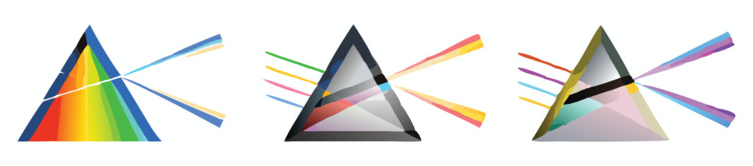 Vector art of three prisms refracting light into a rainbow spectrum, a vibrant optical illustration.