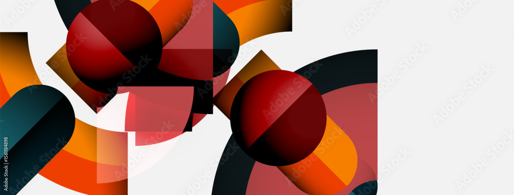 Poster Abstract composition featuring spheres, segments, vibrant colors. Geometric shapes overlap creating dynamic visual effect. Modern design.