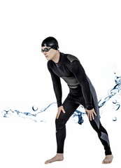 Digital composite image of swimmer bending amidst splashing water