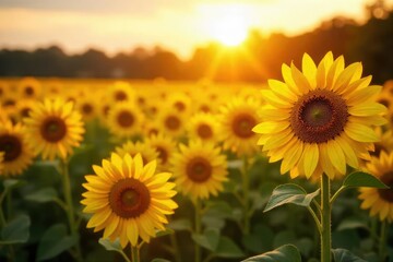 Fototapeta premium Golden hour sunlight illuminates a field of vibrant sunflowers, evoking feelings of joy and carefree contentment A perfect representation of pure, unadulterated happiness , sun, radiance