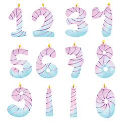 watercolor illustration clip art set of unicorn themed birthday candles in purple and blue gradient