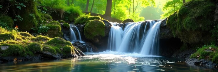 Fototapeta premium Serene waterfall cascading over moss-covered rocks, sunlight dappling through lush green foliage, creating a tranquil and picturesque scene of nature's artistry , beauty, meditation, green
