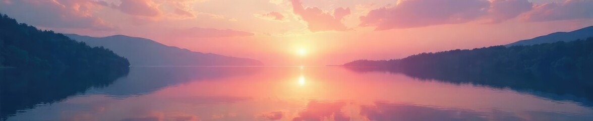 Fototapeta premium Serene sunrise over a tranquil lake, soft pastel colors paint the sky, reflecting beautifully on the still water Perfect for peaceful, nature-themed projects , scenic, sky
