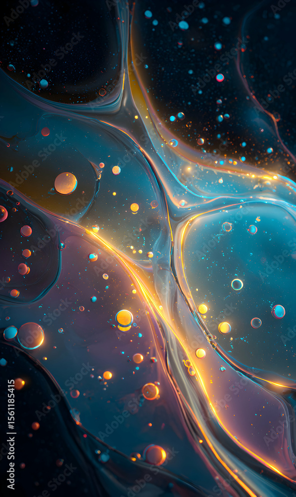 Poster iridescent liquid flows with luminous particles creating a captivating abstract backdrop for