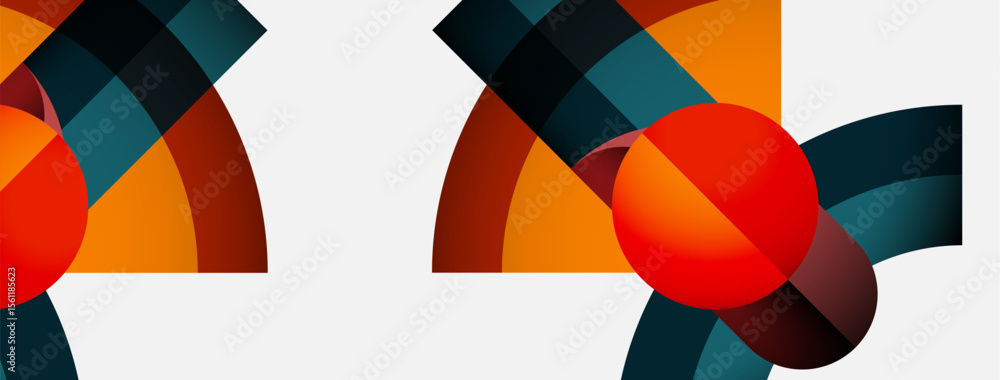 Poster Abstract composition features overlapping circles, arcs. Orange, teal, dark shades create dynamic visual rhythm. Minimalist design, clean lines present modern aesthetic.