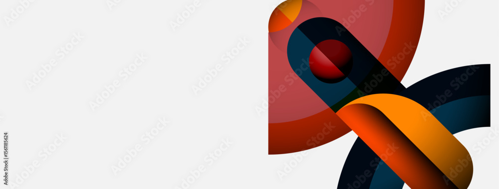 Poster Abstract shapes overlap, creating dynamic composition. Red sphere accents colorful ribbons, modern design element.