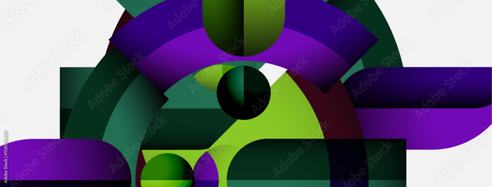 Poster abstract composition featuring curved shapes, vibrant greens, purples. modern design, geometric form