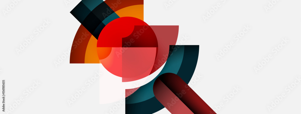 Poster abstract geometric shapes overlap, creating dynamic composition. red, orange, teal hues dominate whi