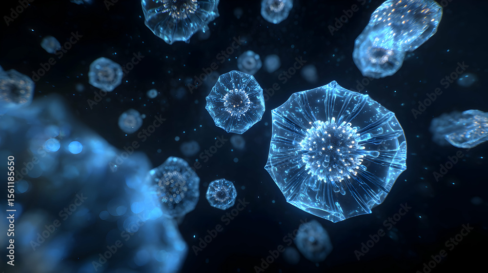 Aufkleber abstract microscopic world digital render with translucent virus cells and floating organic shapes