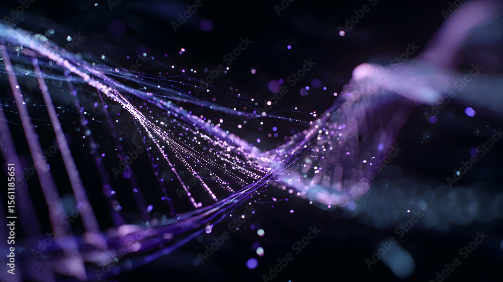 Poster intricate purple strands depicting abstract data flow and networked connection points on dark