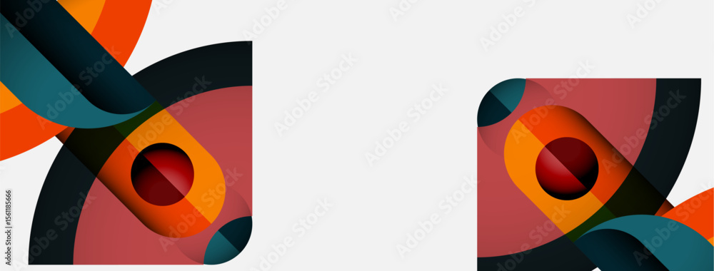 Poster abstract geometric shapes, vibrant colors, layered design. red focal points within square compositio