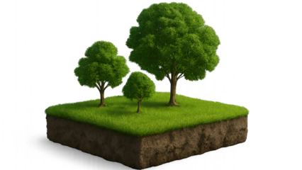 An isolated 3d rendered floating land mass with healthy green grass and various sized trees representing ecological sustainability isolated on transparent background