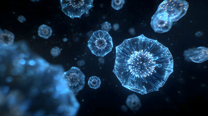 Abstract microscopic world digital render with translucent virus cells and floating organic shapes