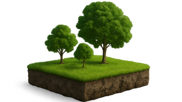 An isolated 3d rendered floating land mass with healthy green grass and various sized trees representing ecological sustainability isolated on transparent background