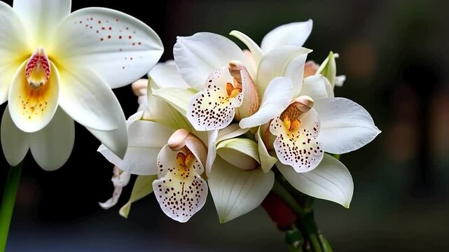 Close-up of white orchids with yellow and red accents showcasing delicate petals and intricate patterns against a blurred green backdrop