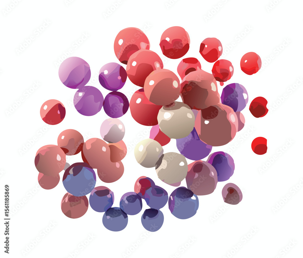 Poster vector art of colorful glossy balls arranged in a swirling pattern, isolated on white background.