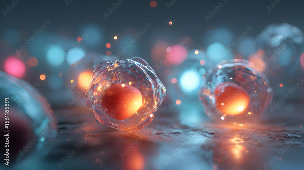 Poster glowing cellular structures visualization abstract science background concept for medical research