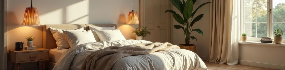 Serene bedroom interior with soft lighting, plush bedding, and a cozy reading nook Perfect for relaxation and peaceful sleep Neutral color palette creates a calming atmosphere , lighting, chair