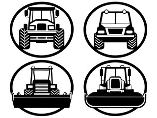 Set of four circular icons featuring stylized front views of agricultural and construction vehicles
