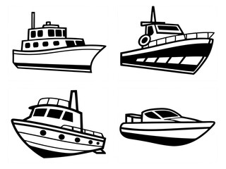 Obraz premium Collection of four distinct black and white cartoon boat illustrations on white backgrounds