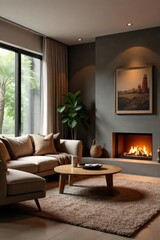 Fototapeta premium Cozy living room with warm lighting, featuring a textured rug, stylish sofa, and a modern fireplace creating a relaxed and inviting atmosphere Perfect for home decor inspiration , serene, interior