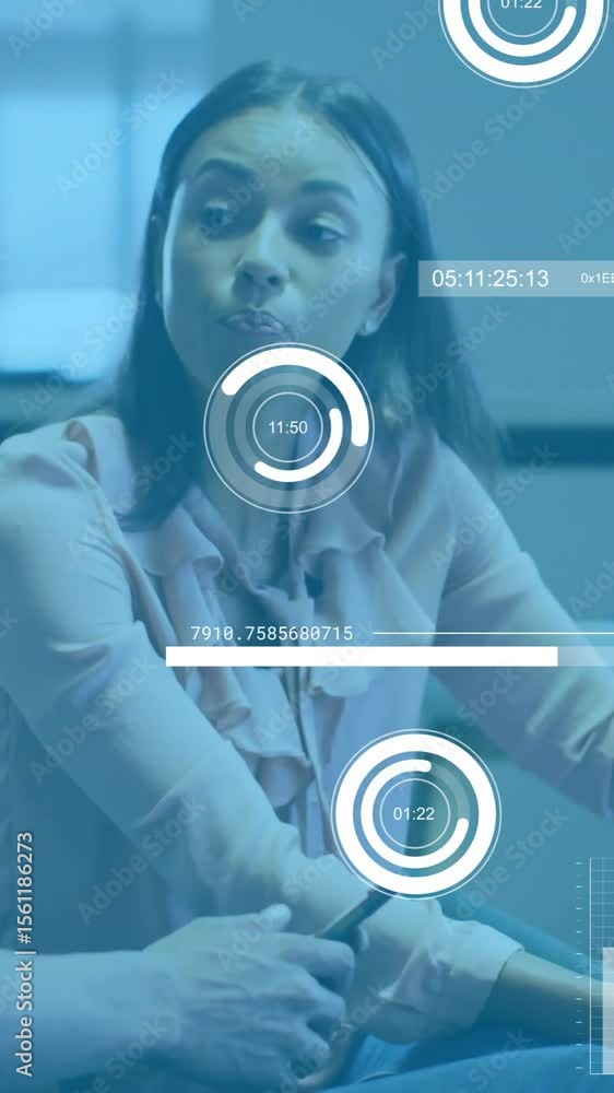 Aufkleber animation of financial data processing over diverse colleagues discussing work in office
