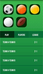 Displaying sports app interface with green-dot background, five rounded ball icons, nav bar, scores