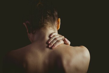 Flat illustration showing bare-shouldered woman with hand on neck in studio highlighting contours