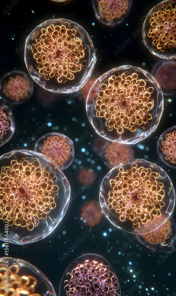 Poster floating cellular structures microscopic forms in a cosmos of cellular existence vibrant internal