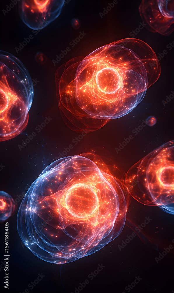 Poster abstract cellular composition with vibrant bioluminescent glow creating a dynamic molecular
