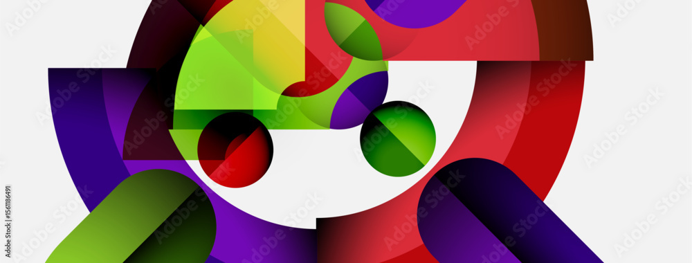 Poster abstract composition featuring vibrant geometric shapes, circles, curves. colors blend, creating dyn