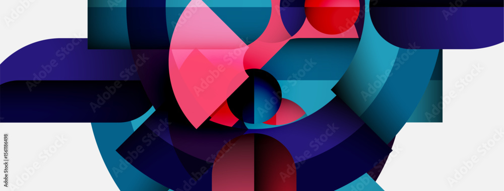 Poster abstract composition. geometric shapes overlap, creating vibrant color blends. blues, pinks, reds do