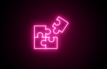 Neon puzzle icon. Neon Game icon. Neon Glowing Pink Color Game puzzle icon on black background.