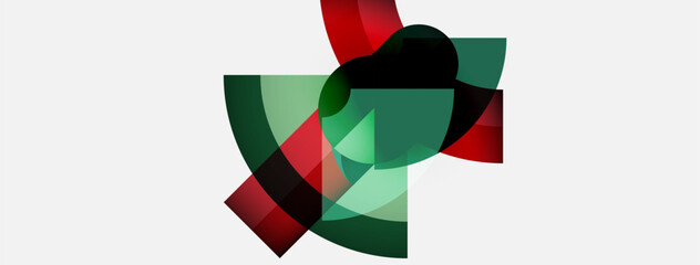 Abstract composition features overlapping shapes, green, red, black hues. Minimalist design, clean background creates visual interest.