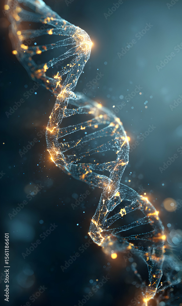 Poster abstract helix structure representing genetic code and molecular biology with glowing elements and