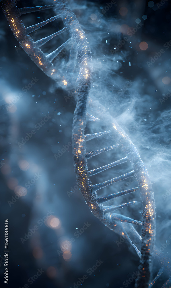 Poster abstract helix structure concept featuring interconnected molecular strands in a vibrant display