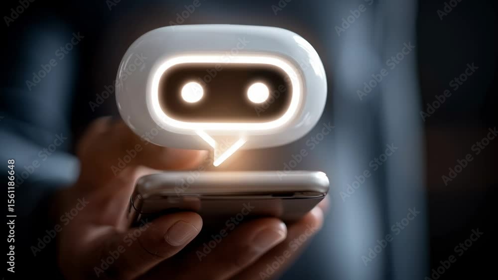 Poster a person holds a smartphone displaying a glowing chatbot icon, symbolizing ai-driven communication a