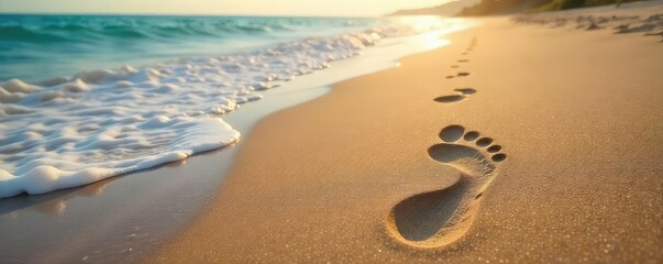 A single footprint in the sand, symbolizing a life's journey, from beginning to end, with the vast ocean representing the unknown future , sunrise, sunset, discovery
