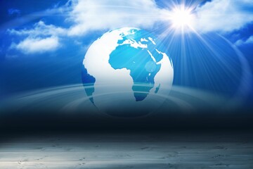 Obraz premium Flat design translucent globe showing Africa and Europe is hovering over wooden stage with sunbeams