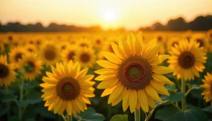 Fototapeta premium A shimmering, sun-drenched field of sunflowers, their petals a richer, deeper gold than usual, extending to the horizon The golden light bathes the landscape in warmth and brilliance , golden, botany