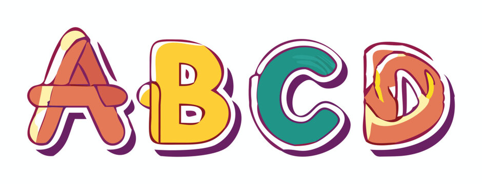 Vector art of a set of colorful cartoon letters abcd isolated on white background.