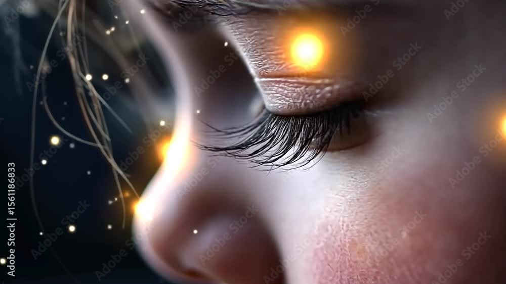Poster close up video of a human eye with long eyelashes with floating particles and bokeh lights. the eye 