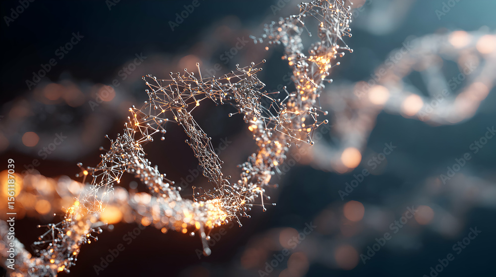 Poster abstract dna molecule double helix structure with glowing particles and connections representing