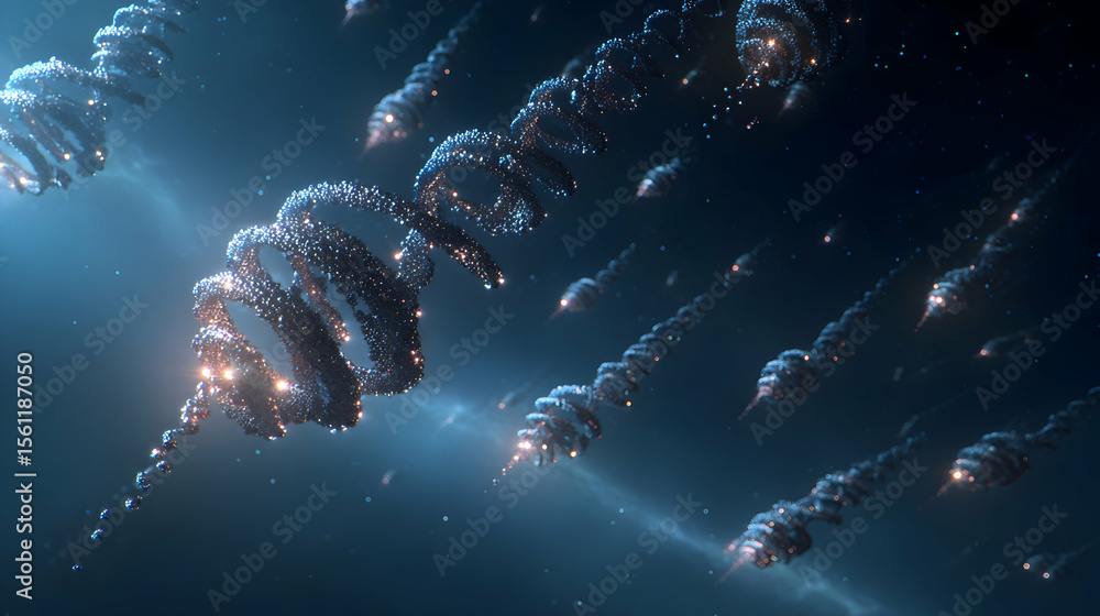 Aufkleber abstract dna strand formation with glowing particle effect floating through the cosmos a