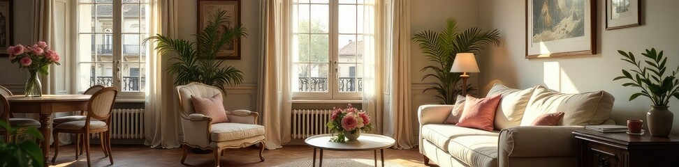 Charming Parisian apartment, elegantly decorated with vintage furniture and floral accents Sunlight streams through large windows, illuminating the chic interior design , shelf, decoration