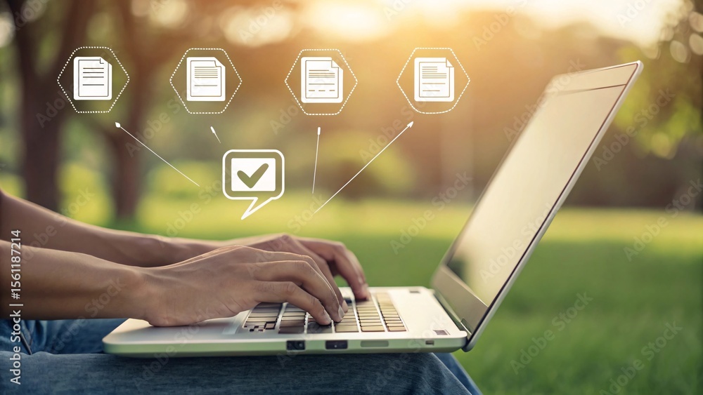 Poster typing on a laptop outdoors surrounded by graphic icons symbolizing task management and efficiency i