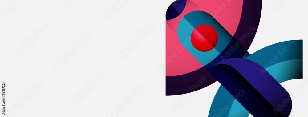 Poster abstract design features colorful ribbons, curves, sphere. modern aesthetic, vibrant hues create dyn
