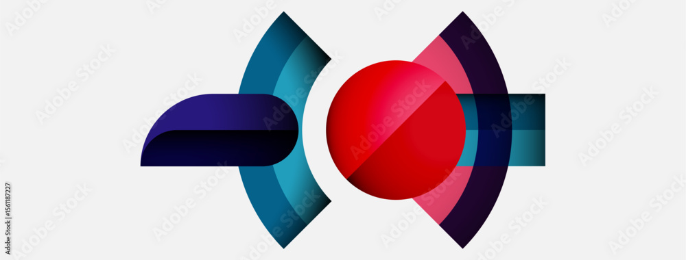 Poster abstract design features curved shapes, vibrant colors. red sphere dominates center, surrounded by b